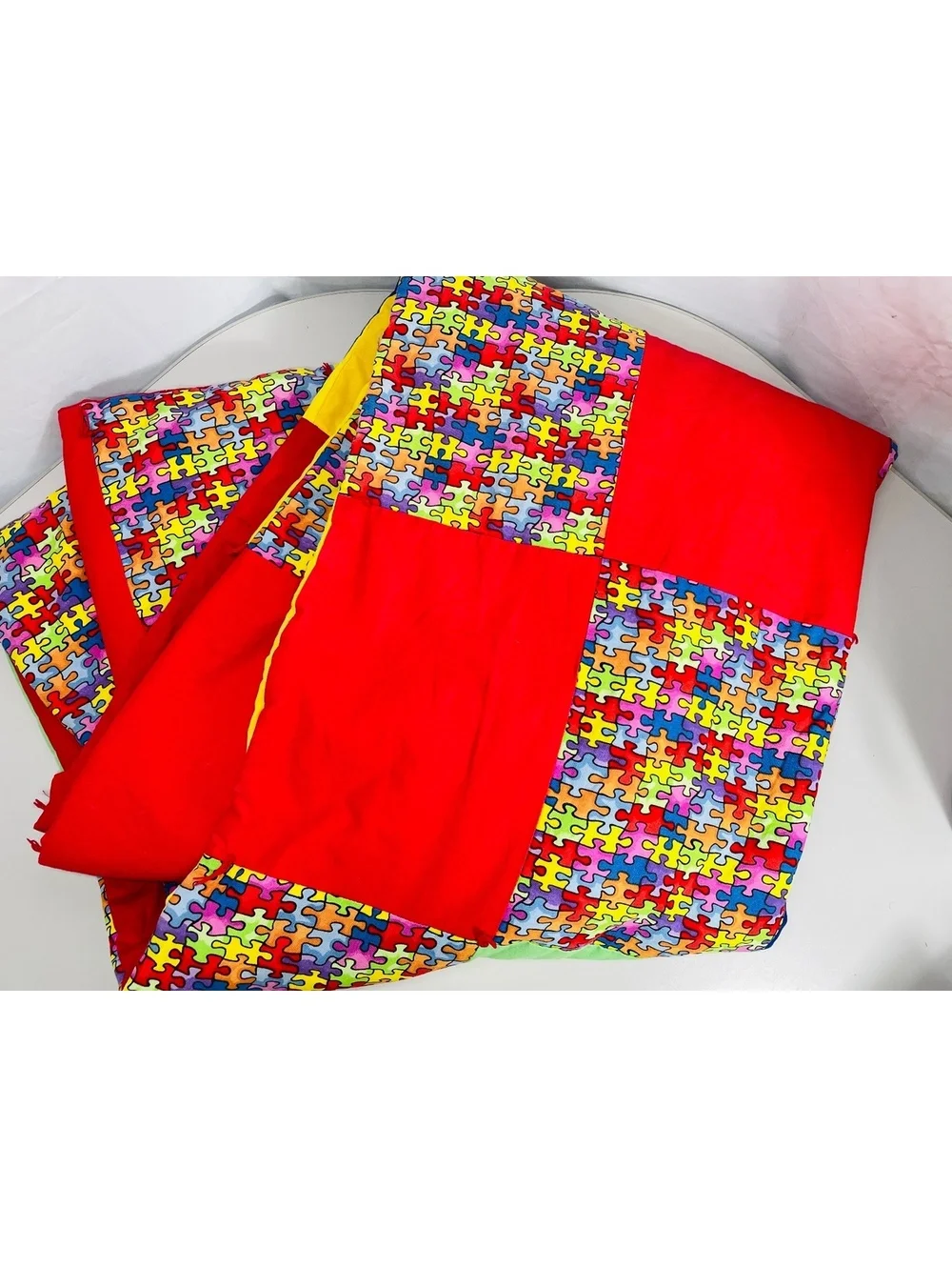 Handmade Autism Puzzle Piece Patchwork Quilt Blanket 42 x 58 Double Sided